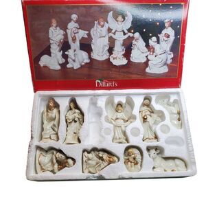 Vintage Dillard's Trimmings set of 10 hand-painted porcelain nativity figures wi